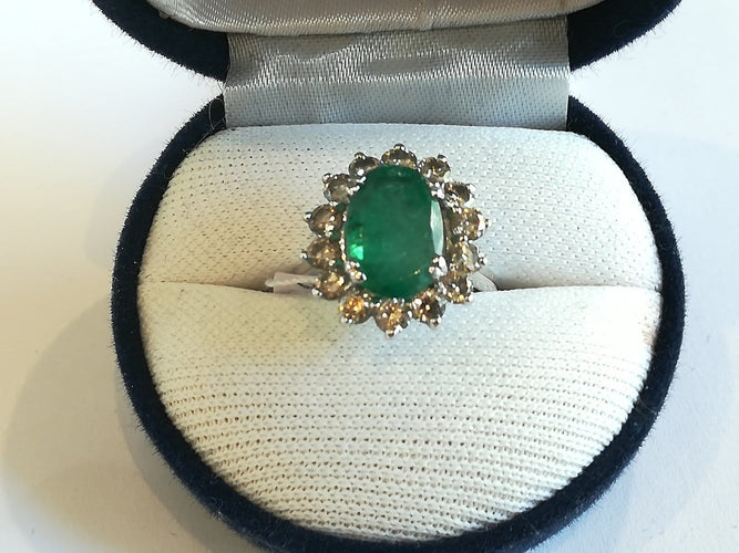 Bague 51 Bague marguerite - Émeraude et diamants en or blanc 750 58 Facettes 01348