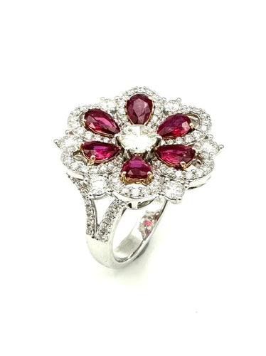 Bague 60 Mouawad - Bague marguerite en or blanc 18K, diamants et rubis 58 Facettes MOUAWAD Bague