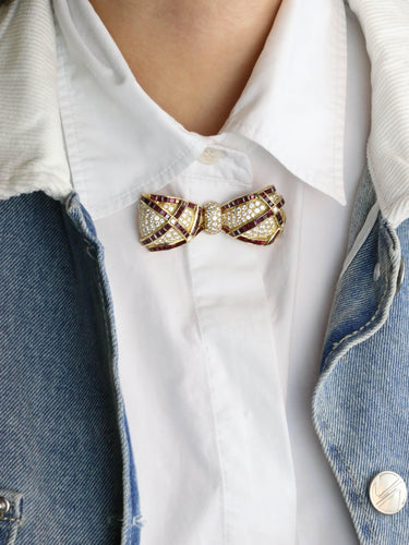 Broche Broche noeud or jaune rubis diamants 58 Facettes 1242.3