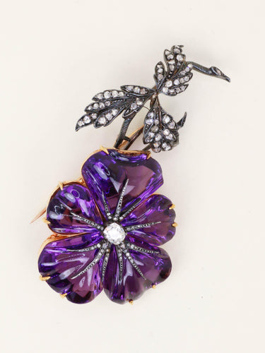 Broche Broche trembleuse or argent améthyste diamants taille rose 58 Facettes 1170.3