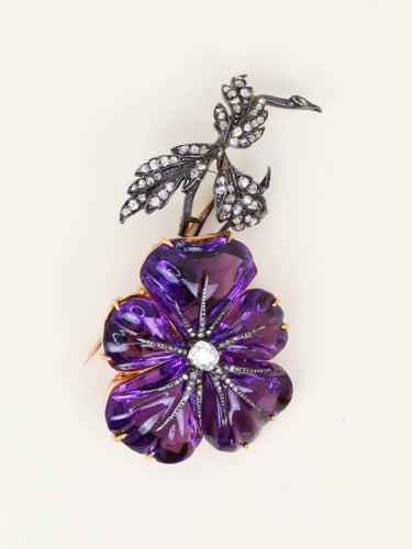 Broche Broche trembleuse or argent améthyste diamants taille rose 58 Facettes 1170.3