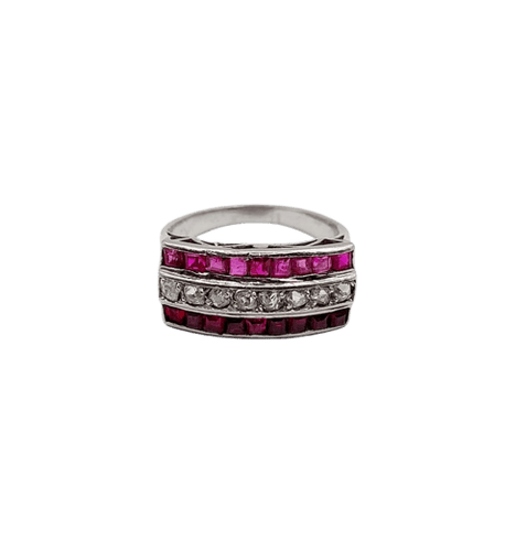 Bague 47 Bague Art déco jarretière en platine, diamants taille ancienne et rubis 58 Facettes A06711