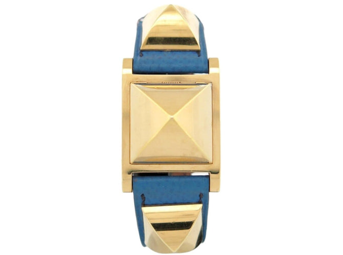 Montre vintage montre HERMES medor pm 27mm plaque or cuir epsom bleu quartz 58 Facettes 273322