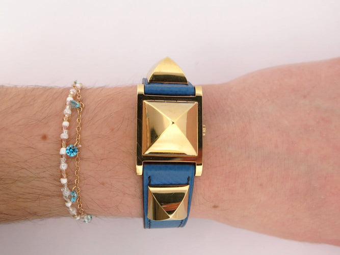 Montre vintage montre HERMES medor pm 27mm plaque or cuir epsom bleu quartz 58 Facettes 273322