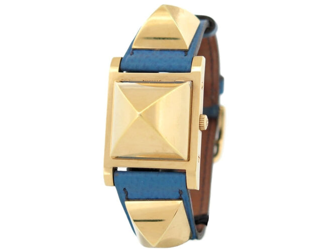 Montre vintage montre HERMES medor pm 27mm plaque or cuir epsom bleu quartz 58 Facettes 273322