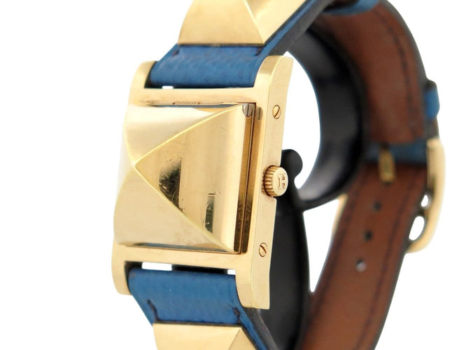 Montre vintage montre HERMES medor pm 27mm plaque or cuir epsom bleu quartz 58 Facettes 273322