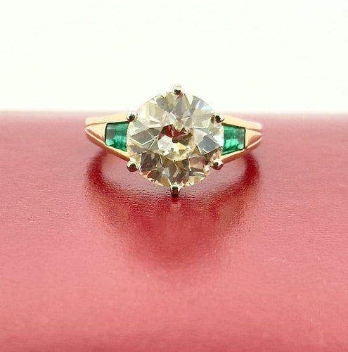 Bague 52 Solitaire - Bague en or jaune 18 carats et platine, diamant 3,85 carats et émeraudes 58 Facettes sku