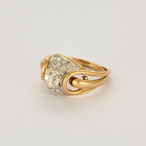 Bague 57 Elégante Bague Rétro Or Jaune et Platine, Diamant Coussin 1,20cts Taille Ancienne 58 Facettes BEA3376