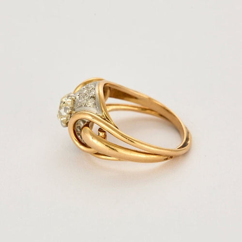 Bague 57 Elégante Bague Rétro Or Jaune et Platine, Diamant Coussin 1,20cts Taille Ancienne 58 Facettes BEA3376