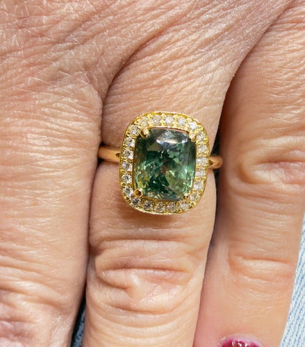 Bague 49 Compagnie des gemmes - Bague en or jaune 18 carats, saphir vert et diamants 58 Facettes Cdg