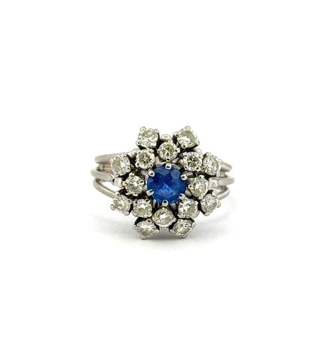 Bague 52 Bague fleur ancienne en or blanc 18 carats, diamants et saphir 58 Facettes 90830/ac12717