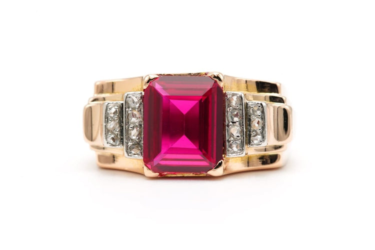 Bague 64 Bague Art déco en or jaune 18 carats, rubis synthétique et diamants 58 Facettes 22692