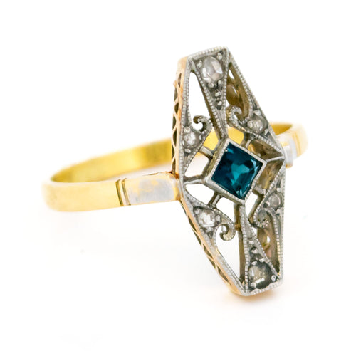 Bague 56 Bague navette Art déco en or 14k et platine, saphir et diamants 58 Facettes 4B88518B18A1404696B455AA78F35DB2