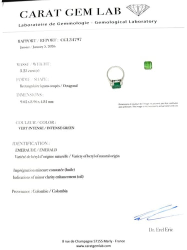 Bague 51 Bague en platine 950 avec émeraude colombienne 3,25 ct et diamants 58 Facettes BG EME