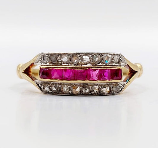 Bague 55 Bague Art déco en or 18k, rubis synthétiques et diamants taille rose 58 Facettes A06770