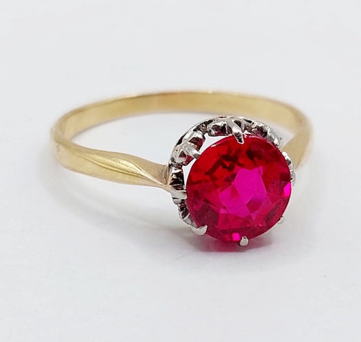 Bague 57 Bague solitaire Art déco en or 18k et platine, rubis synthétique 58 Facettes A06771