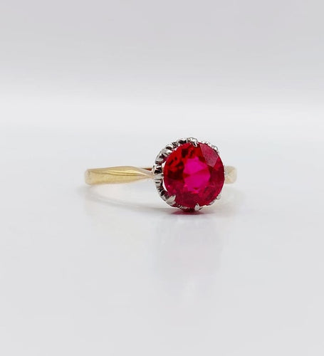 Bague 57 Bague solitaire Art déco en or 18k et platine, rubis synthétique 58 Facettes A06771