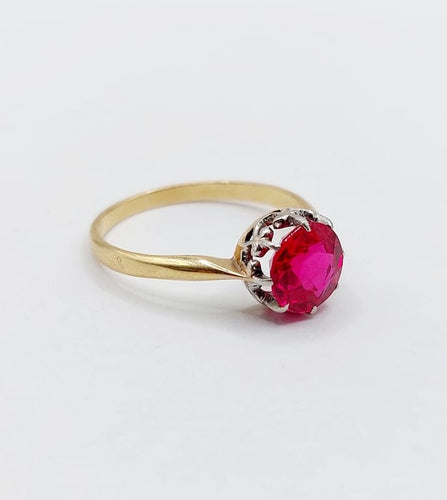 Bague 57 Bague solitaire Art déco en or 18k et platine, rubis synthétique 58 Facettes A06771