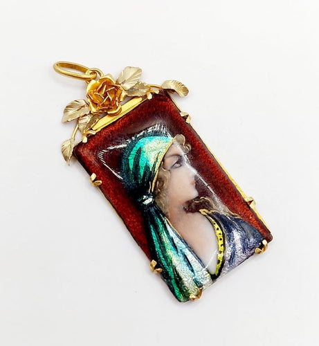 Pendentif Limoges - Pendentif Art nouveau XXL en or 18k et plaque émaillée 58 Facettes A06774