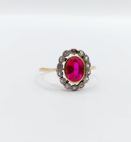 Bague 52.5 Bague pompadour ancienne en or 18k et platine, rubis synthétique et diamants 58 Facettes A06762