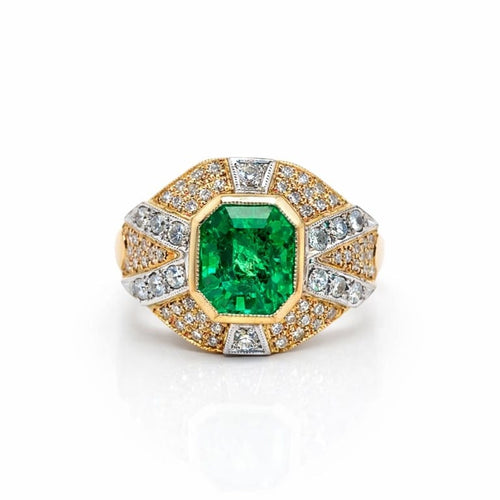 Bague 56 Bague vintage Art déco en or jaune et or blanc 18 k, émeraude et diamants 58 Facettes 50437