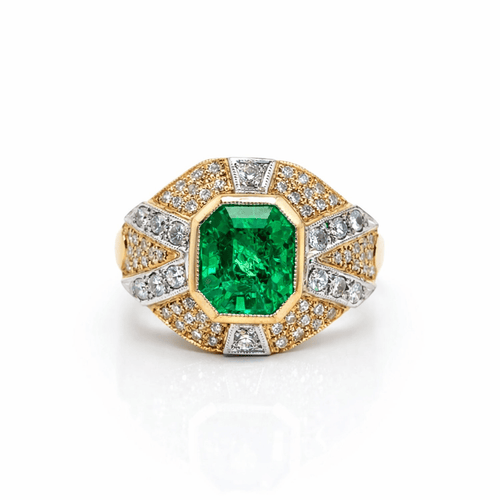 Bague 56 Bague vintage Art déco en or jaune et or blanc 18 k, émeraude et diamants 58 Facettes 50437