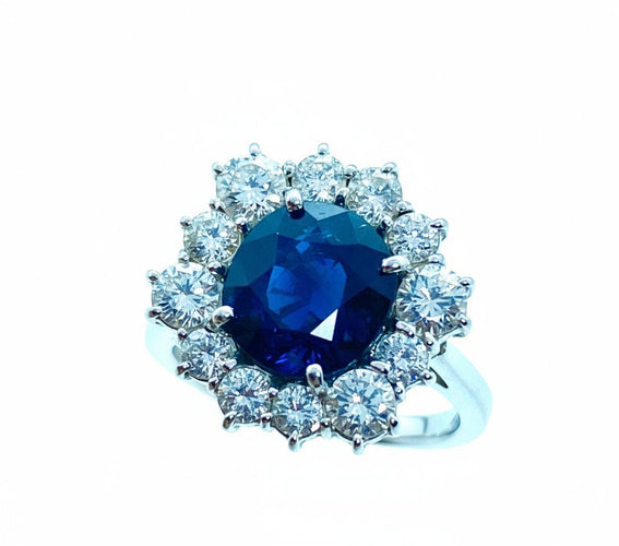 Bague 57 Bague marguerite hexagonale - Or blanc 18K, saphir et diamants 58 Facettes