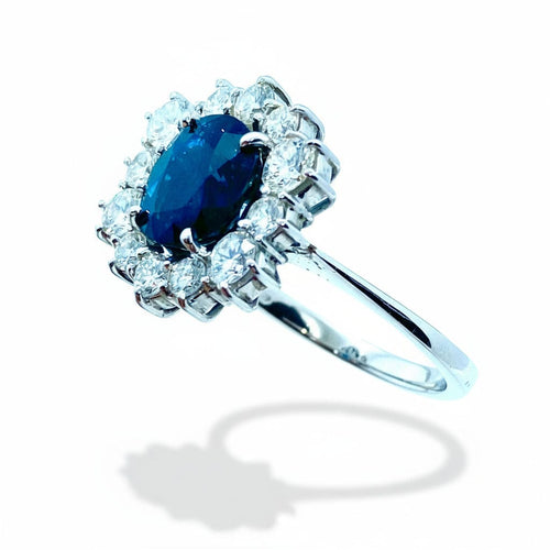 Bague 57 Bague marguerite hexagonale - Or blanc 18K, saphir et diamants 58 Facettes