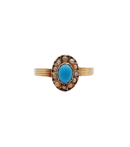 Bague 57 Bague marguerite antique en or rose 18k, turquoise et perles 58 Facettes A06765
