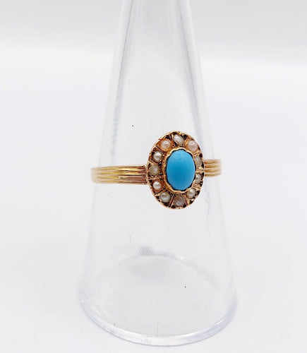 Bague 57 Bague marguerite antique en or rose 18k, turquoise et perles 58 Facettes A06765