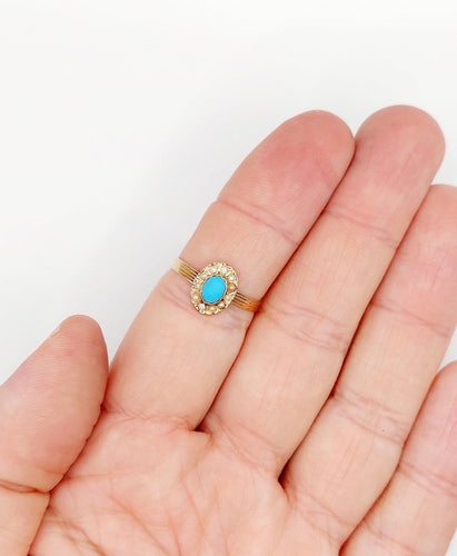 Bague 57 Bague marguerite antique en or rose 18k, turquoise et perles 58 Facettes A06765