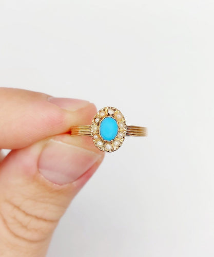 Bague 57 Bague marguerite antique en or rose 18k, turquoise et perles 58 Facettes A06765