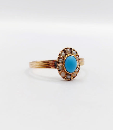 Bague 57 Bague marguerite antique en or rose 18k, turquoise et perles 58 Facettes A06765