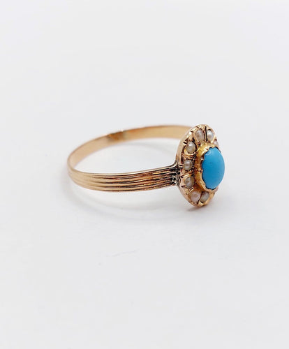 Bague 57 Bague marguerite antique en or rose 18k, turquoise et perles 58 Facettes A06765
