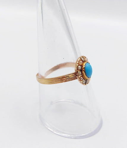Bague 57 Bague marguerite antique en or rose 18k, turquoise et perles 58 Facettes A06765