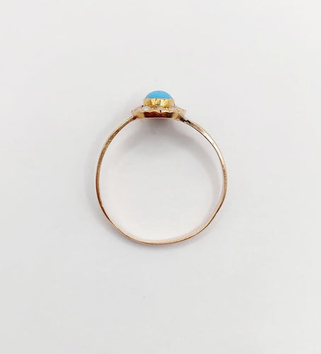 Bague 57 Bague marguerite antique en or rose 18k, turquoise et perles 58 Facettes A06765