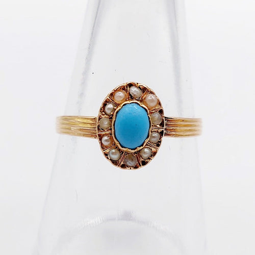 Bague 57 Bague marguerite antique en or rose 18k, turquoise et perles 58 Facettes A06765