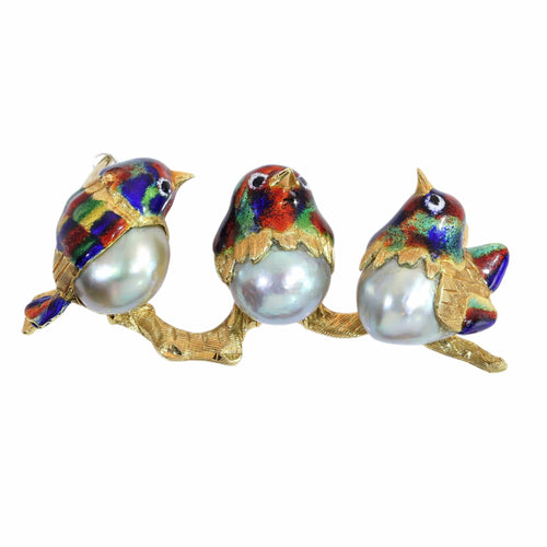 Broche Broche vintage italienne en forme d'oiseau, ornée d'émail et de perles baroques, en or 18 carats. 58 Facettes 26069-0303