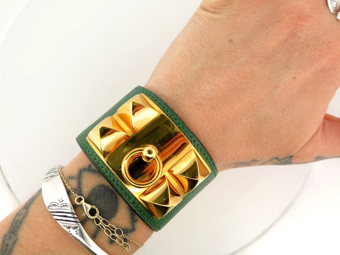 Bracelet Hermès Collier de Chien Médor - Bracelet en cuir Epsom vert 58 Facettes 273702