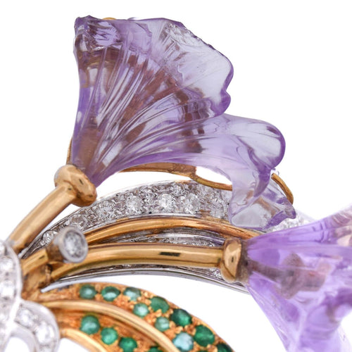 Broche Spilla vintage - Motif floral en or 18 kt avec diamants et émeraudes 58 Facettes SP32 '(00929)