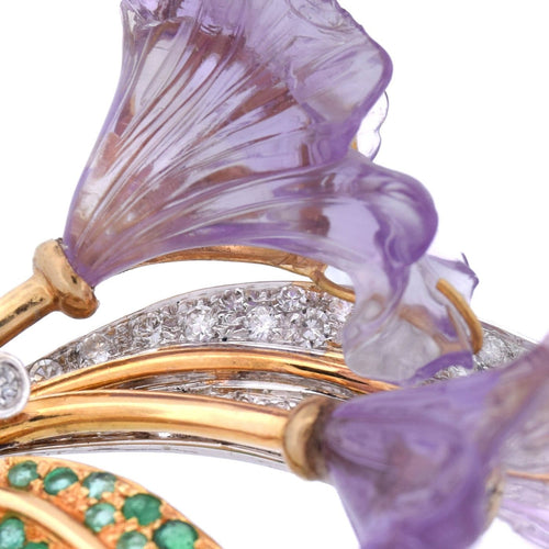 Broche Spilla vintage - Motif floral en or 18 kt avec diamants et émeraudes 58 Facettes SP32 '(00929)