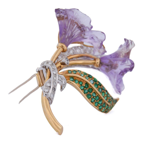 Broche Spilla vintage - Motif floral en or 18 kt avec diamants et émeraudes 58 Facettes SP32 '(00929)