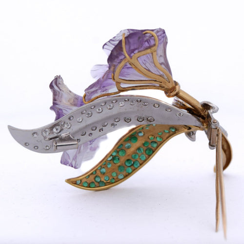 Broche Spilla vintage - Motif floral en or 18 kt avec diamants et émeraudes 58 Facettes SP32 '(00929)