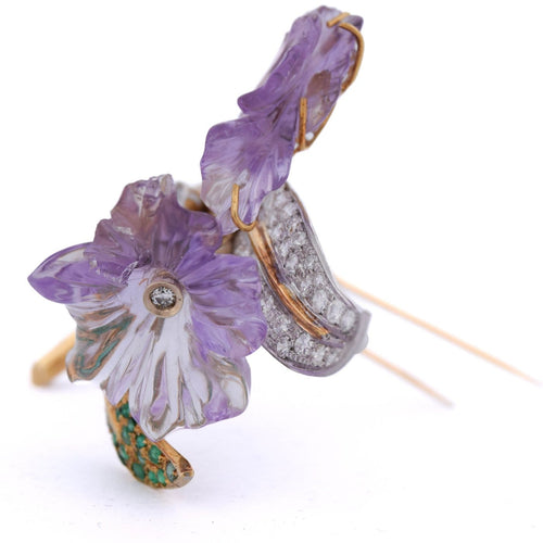 Broche Spilla vintage - Motif floral en or 18 kt avec diamants et émeraudes 58 Facettes SP32 '(00929)