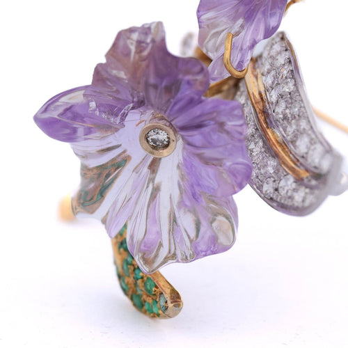 Broche Spilla vintage - Motif floral en or 18 kt avec diamants et émeraudes 58 Facettes SP32 '(00929)