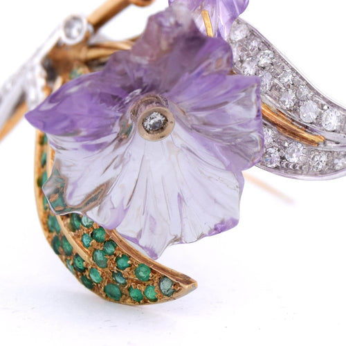 Broche Spilla vintage - Motif floral en or 18 kt avec diamants et émeraudes 58 Facettes SP32 '(00929)