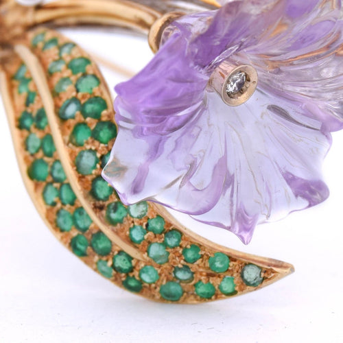 Broche Spilla vintage - Motif floral en or 18 kt avec diamants et émeraudes 58 Facettes SP32 '(00929)