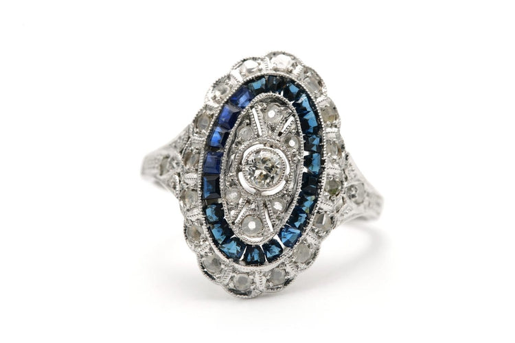 Bague 49 Bague Art déco en or blanc 18 carats, saphirs et diamants 58 Facettes 23292