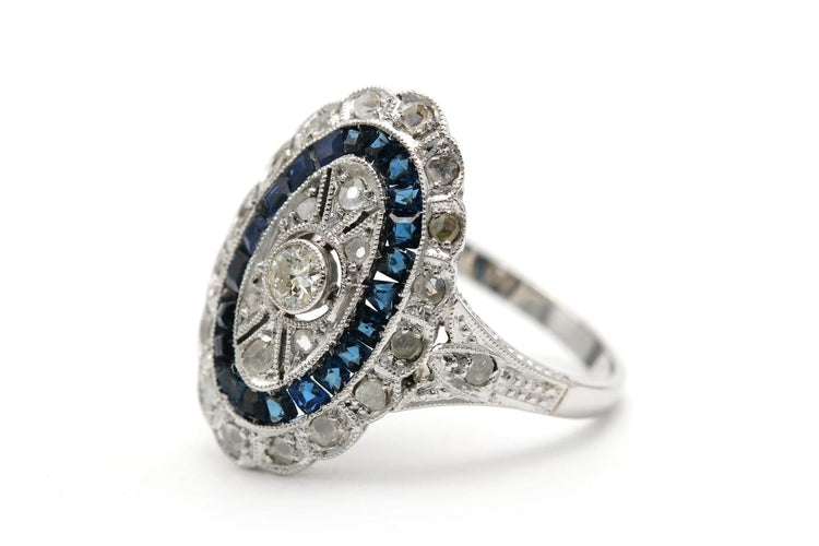 Bague 49 Bague Art déco en or blanc 18 carats, saphirs et diamants 58 Facettes 23292