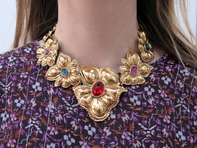 Collier Jean Louis Scherrer Fleurs - Collier vintage doré cabochons en verre 58 Facettes 273741